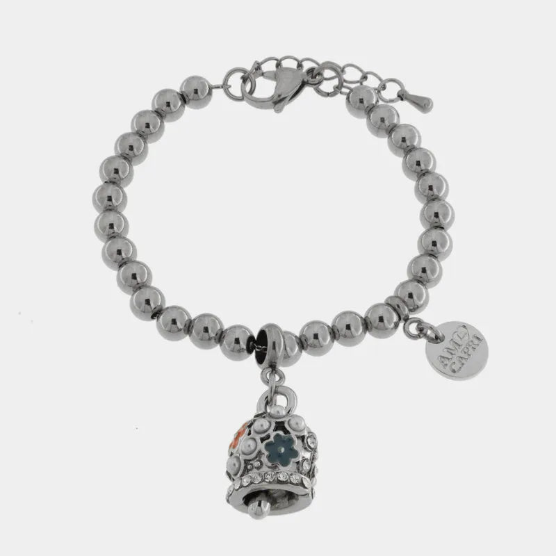 Bracciale in Acciaio campanella con perle e fiori rossi e blu - BYSIMON gioielli