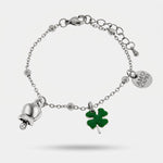 Bracciale in Acciaio con quadrifoglio pendente e campanella portafortuna con punto luce - BYSIMON gioielli