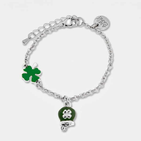 Bracciale in Acciaio con quadrifoglio e campanella verde | gioielli in acciaio | BYSIMON
