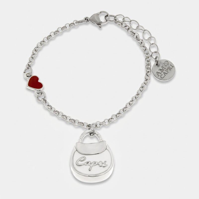 Bracciale in Acciaio con borsa bianca scritta Capri e cuore - BYSIMON gioielli