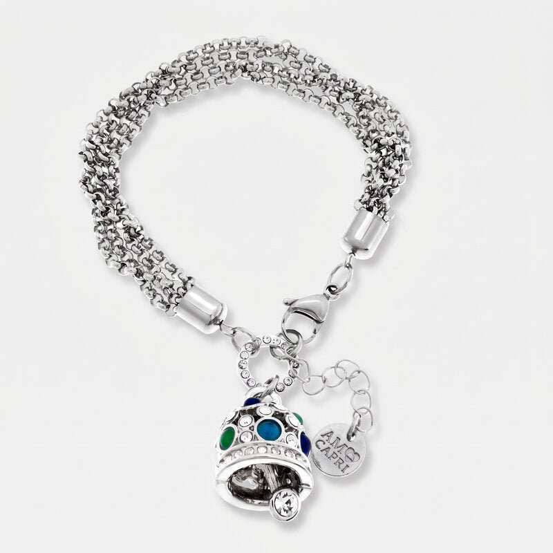 Bracciale in Acciaio Inossidabile campana pendente con cristalli azzurri e bianchi | gioielli in acciaio inossidabile | BYSIMON