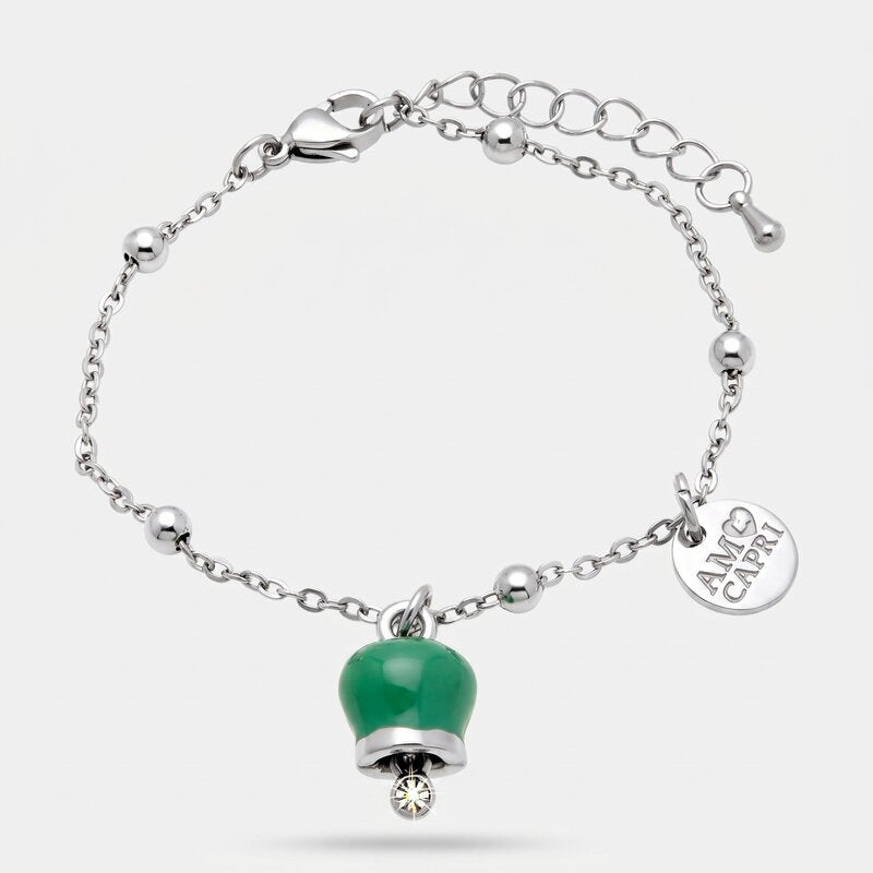 Bracciale in Acciaio con campanella portafortuna pendente verde acqua - BYSIMON gioielli