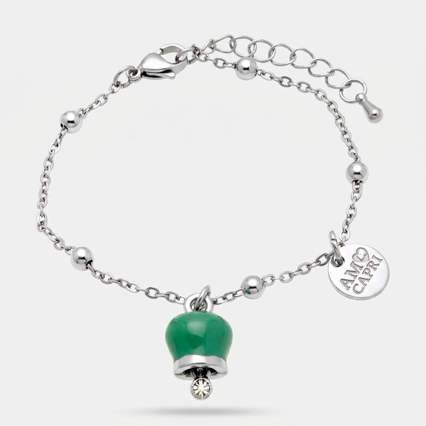 Bracciale in Acciaio con campanella portafortuna pendente verde acqua - BYSIMON gioielli