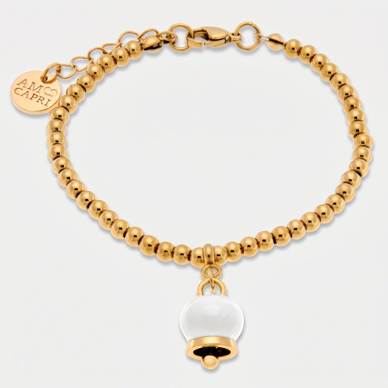 Bracciale in Acciaio maglia a sfere con campanella portafortuna bianca e oro - BYSIMON gioielli