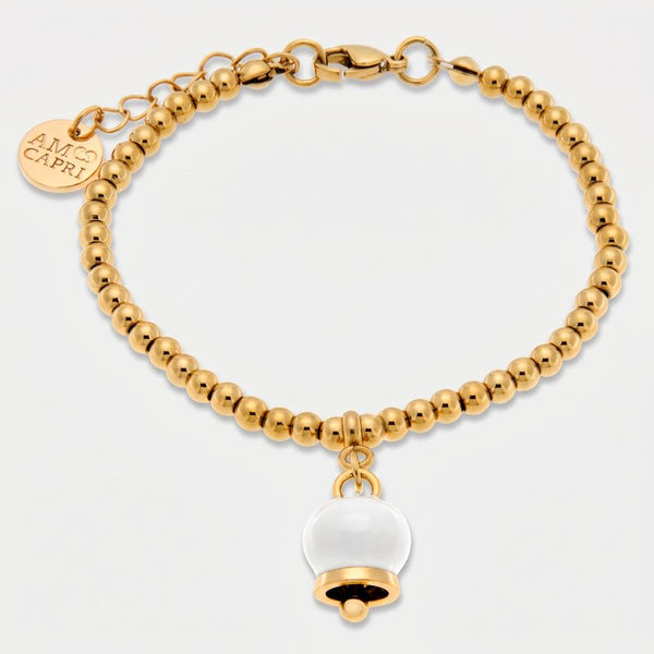 Bracciale in Acciaio maglia a sfere con campanella portafortuna bianca e oro - BYSIMON gioielli