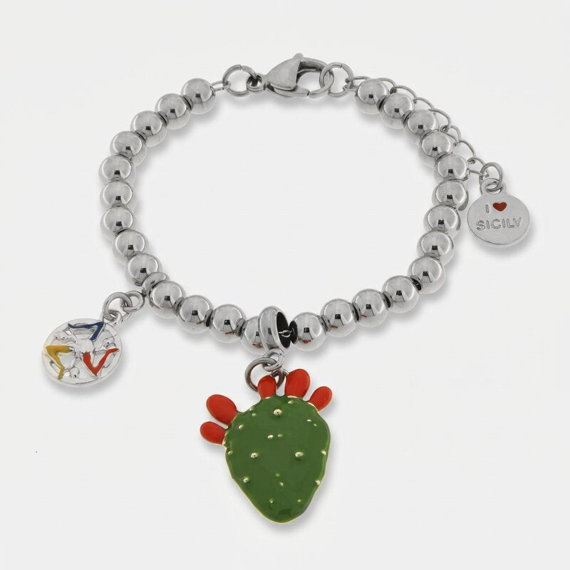 Bracciale in Acciaio maglia a sfere, con fico d'india pendente, impreziosito da smalto verde e punte di smalto rosso - BYSIMON gioielli