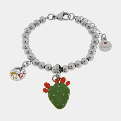 Bracciale in Acciaio maglia a sfere, con fico d'india pendente, impreziosito da smalto verde e punte di smalto rosso - BYSIMON gioielli