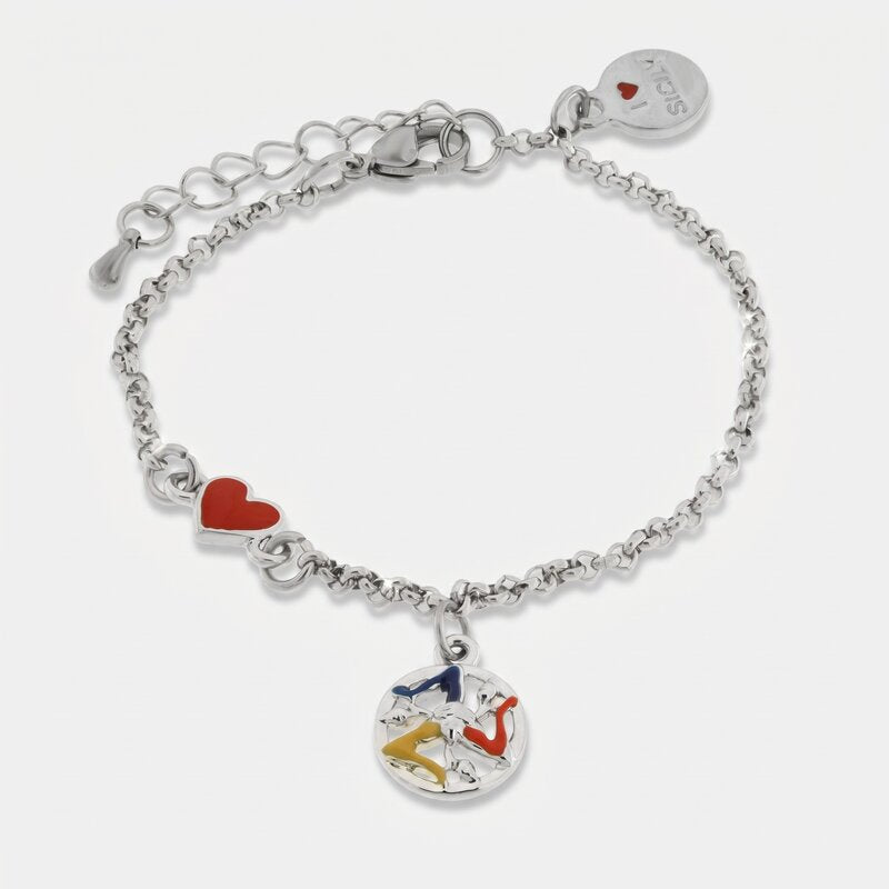 Bracciale in Acciaio con cuoricino e trinacria pendente - BYSIMON gioielli