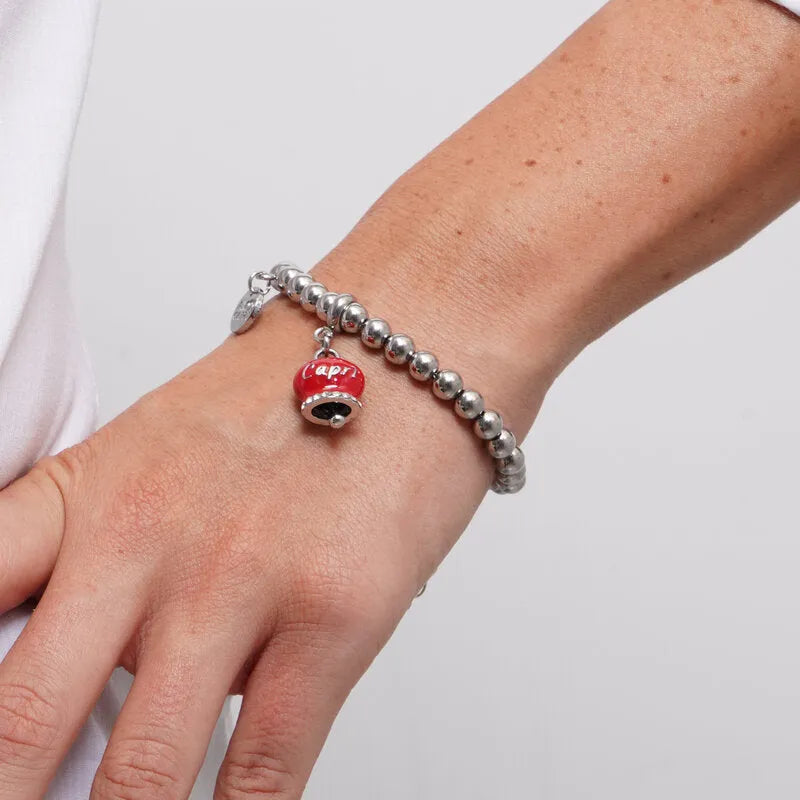 Bracciale in Acciaio  campanella rossa con scritta Capri e zirconi - BYSIMON gioielli