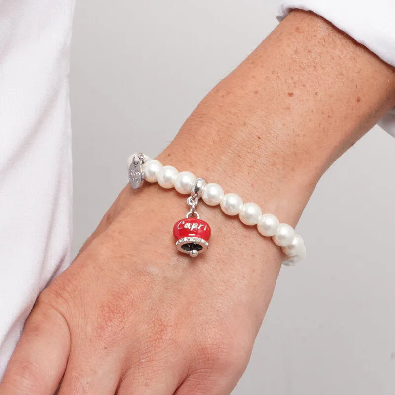 Bracciale in Acciaio con perle e campanella rossa con scritta Capri - BYSIMON gioielli
