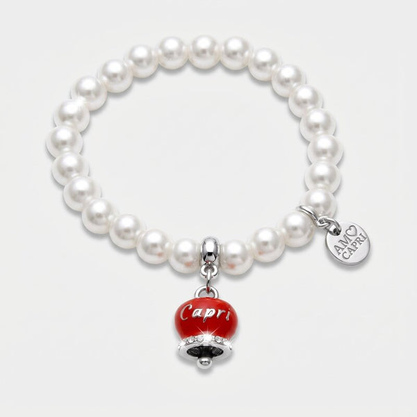 Bracciale in Acciaio Inossidabile con perle e campanella rossa con scritta Capri | gioielli in acciaio inossidabile | BYSIMON