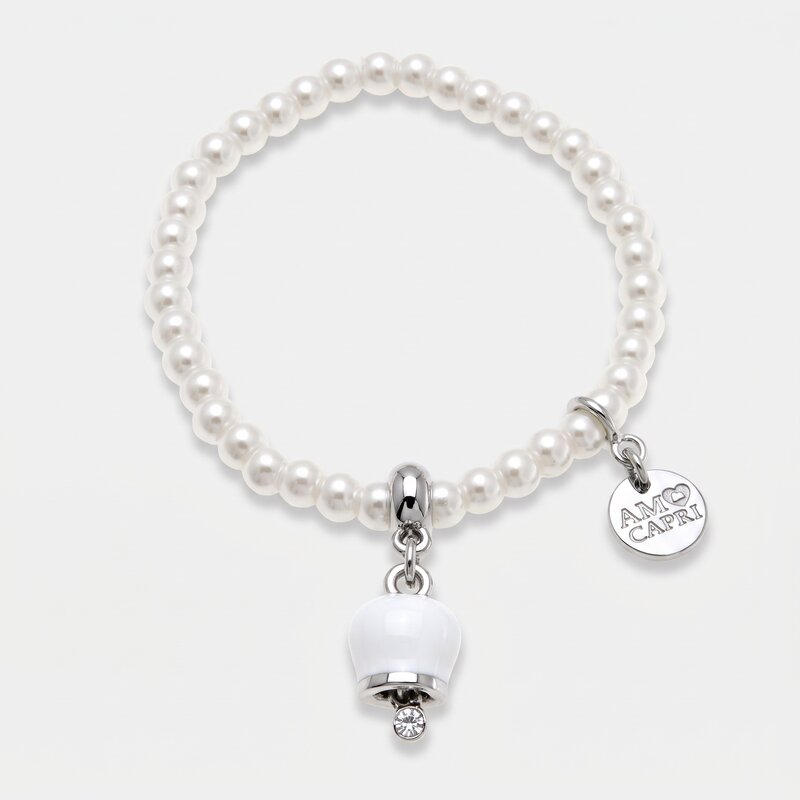 Bracciale in Acciaio Inossidabile con perle e campanella portafortuna in smalto bianco | gioielli in acciaio inossidabile | BYSIMON