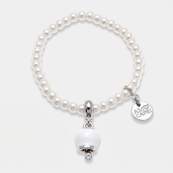 Bracciale in Acciaio Inossidabile con perle e campanella portafortuna in smalto bianco | gioielli in acciaio inossidabile | BYSIMON