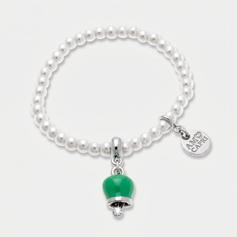 Bracciale in Acciaio con perle e campanella portafortuna in smalto verde - BYSIMON gioielli