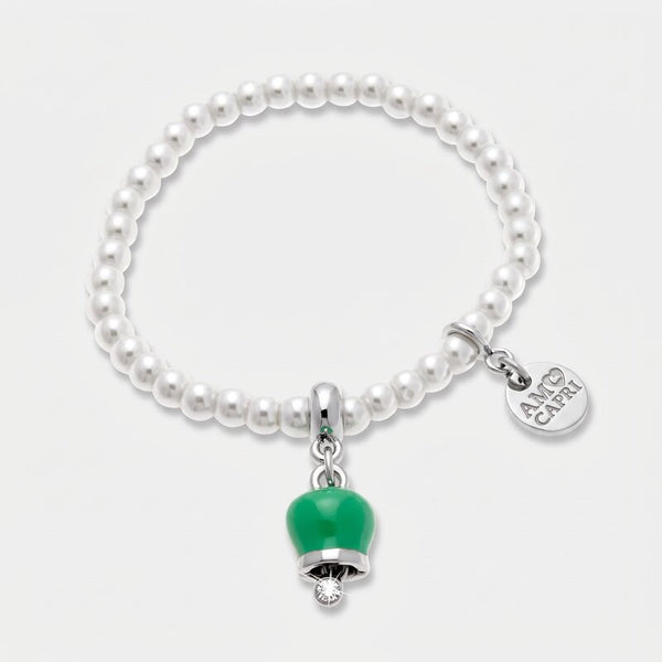 Bracciale in Acciaio con perle e campanella portafortuna in smalto verde - BYSIMON gioielli