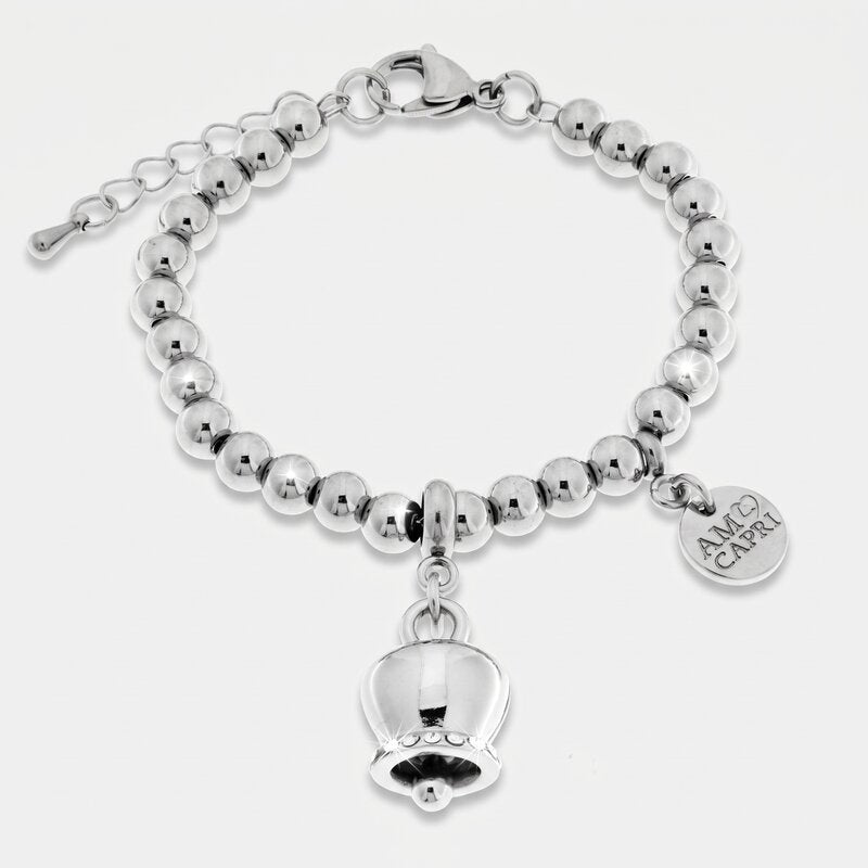 Bracciale in Acciaio Inossidabile maglia a sfere con campanella portafortuna e cristalli | gioielli in acciaio inossidabile | BYSIMON