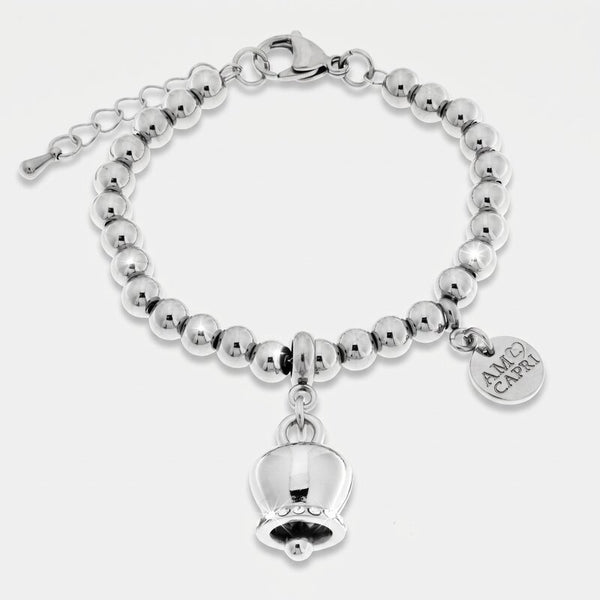 Bracciale in Acciaio Inossidabile maglia a sfere con campanella portafortuna e cristalli | gioielli in acciaio inossidabile | BYSIMON