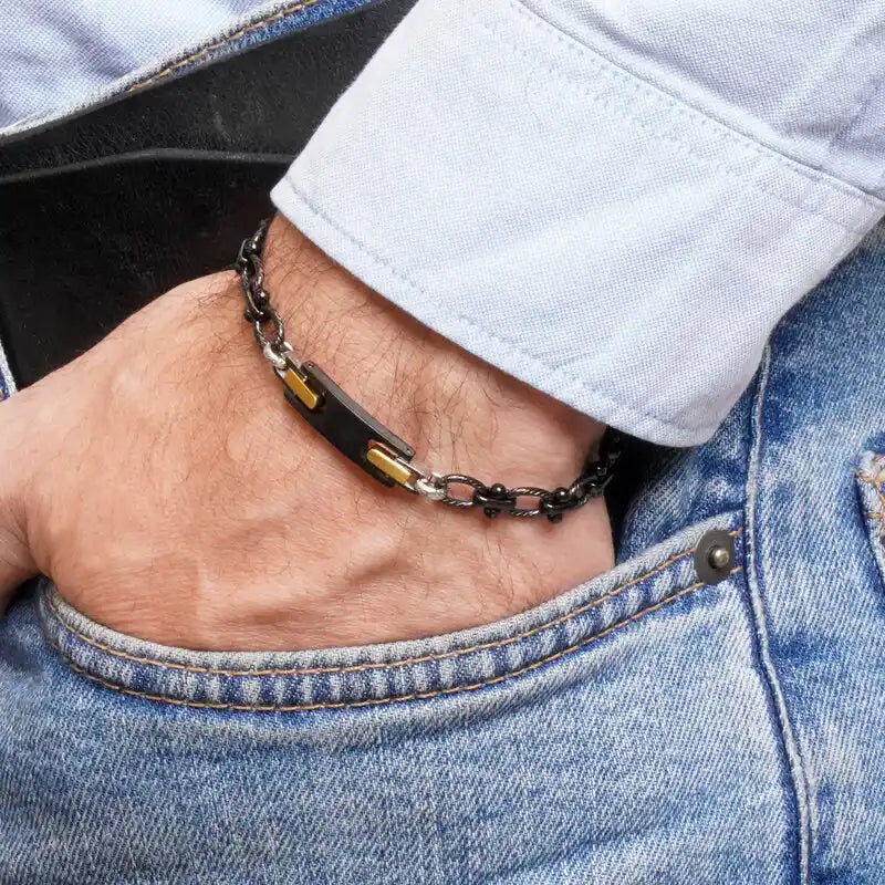 Bracciale in Acciaio catena con targhetta nera - BYSIMON gioielli