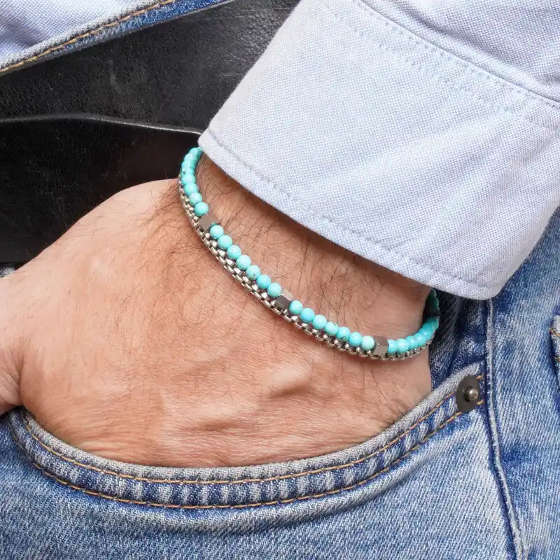 Bracciale in Acciaio doppia catena con sfere turchesi IJEWEL - gioiello BySimon