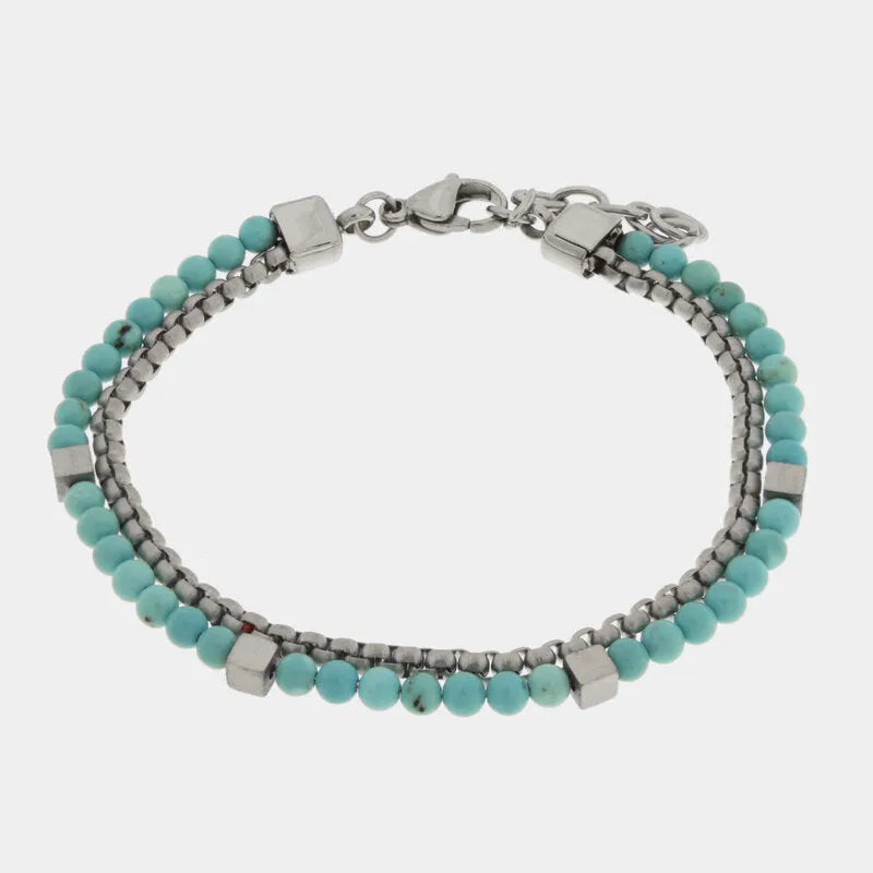 Bracciale in Acciaio doppia catena con sfere turchesi IJEWEL - gioiello BySimon
