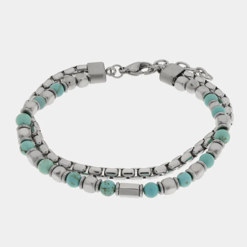 Bracciale in Acciaio doppia catena con sfere turchesi - BYSIMON gioielli