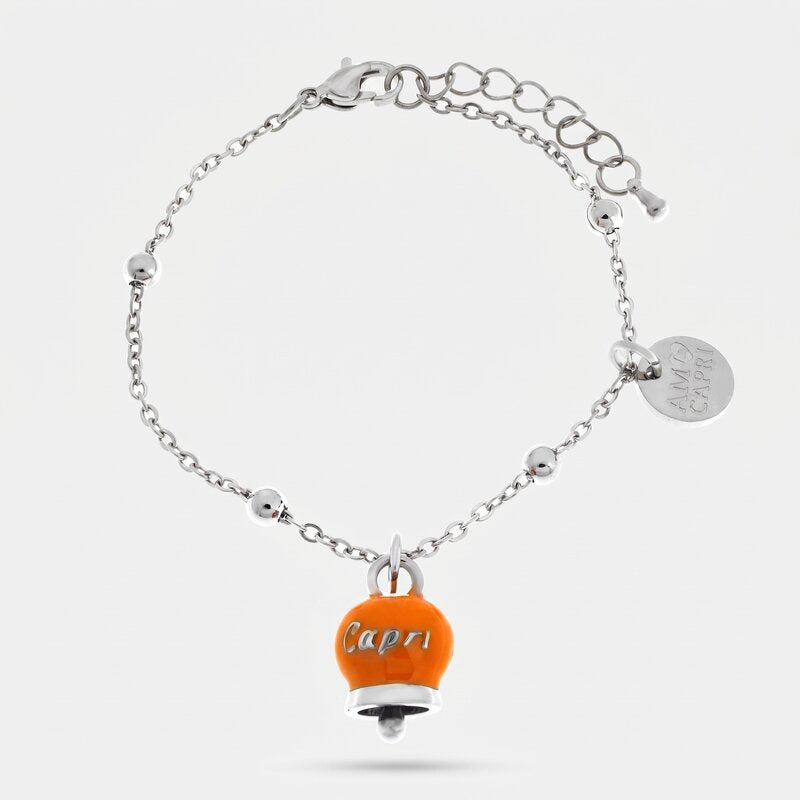 Bracciale in Acciaio con Campanella Portafortuna Estate Mediterranea di Capri - Colore Ammanst Orange - BYSIMON gioielli