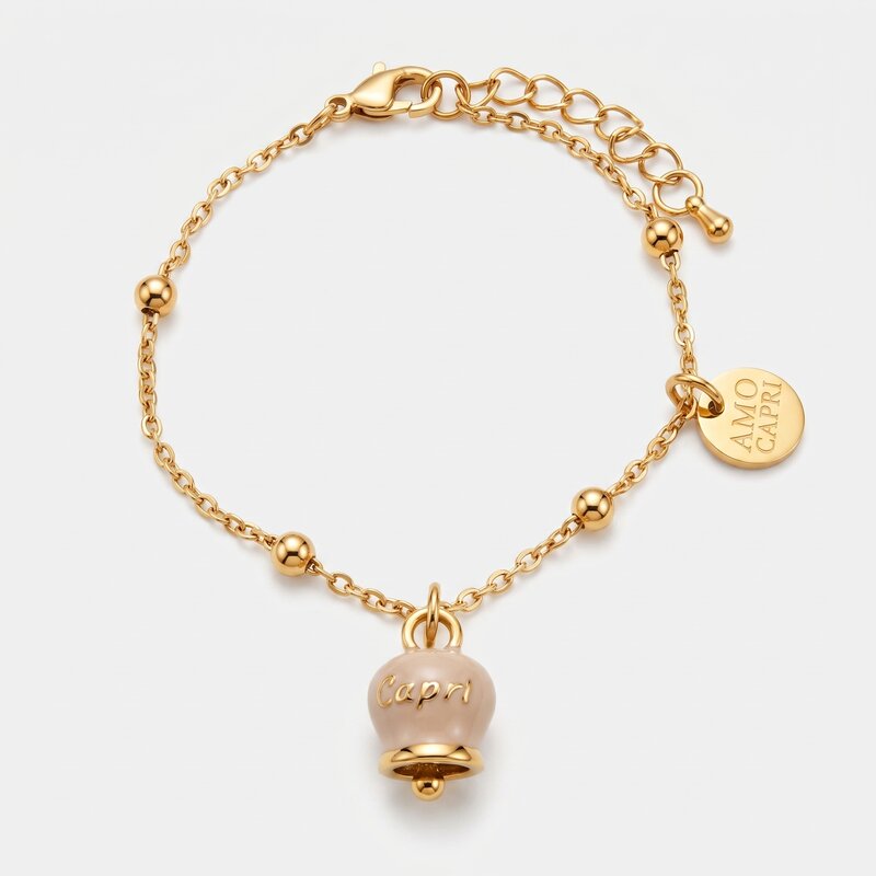 Bracciale in Acciaio con Campanella Portafortuna Capri - Colore Rosa Cipria - gioiello BySimon