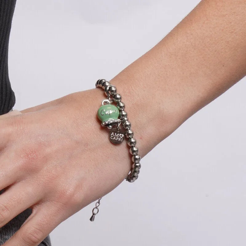 Bracciale in Acciaio con Campanella Portafortuna Capri - Colore Verde Menta