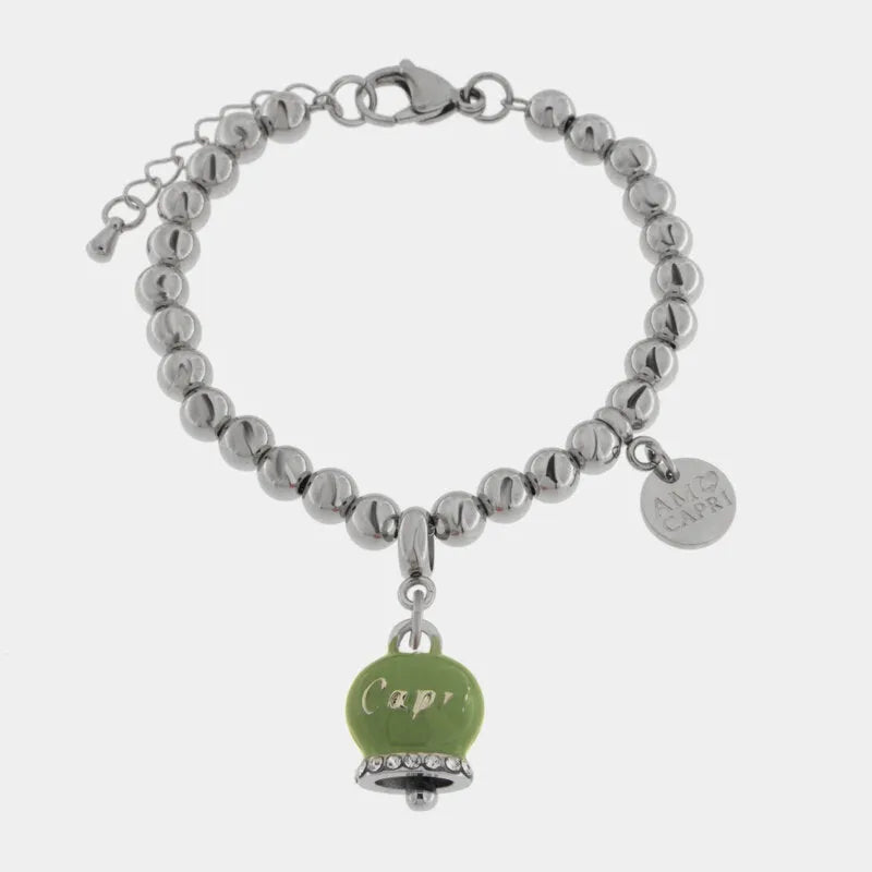 Bracciale in Acciaio con Campanella Portafortuna Capri - Colore Verde Menta