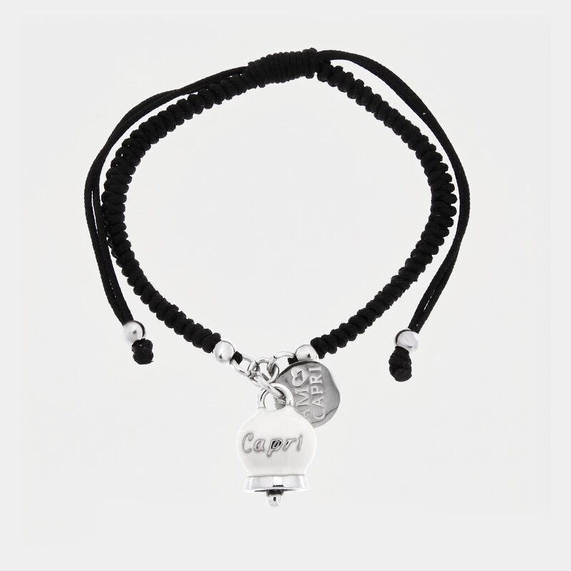 Bracciale in Acciaio Cordino nero e Campanella Portafortuna Capri - Colore Bianca - gioiello BySimon