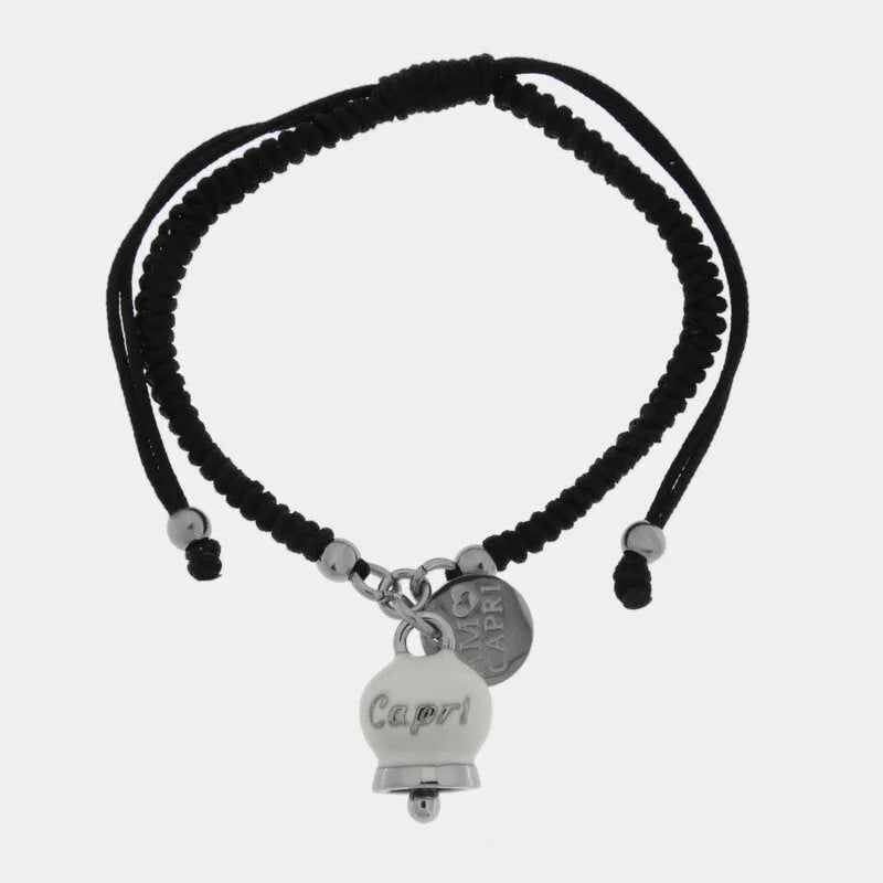 Bracciale in Acciaio Cordino nero e Campanella Portafortuna Capri - Colore Bianca - gioiello BySimon