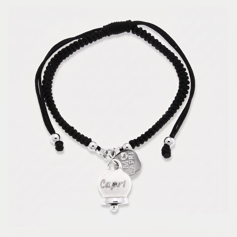 Bracciale in Acciaio Cordino nero e Campanella Portafortuna Capri - Colore Bianca - gioiello BySimon