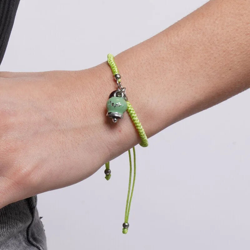 Bracciale in Acciaio Cordino verde e Campanella Portafortuna Capri - Colore Verde Menta - gioiello BySimon