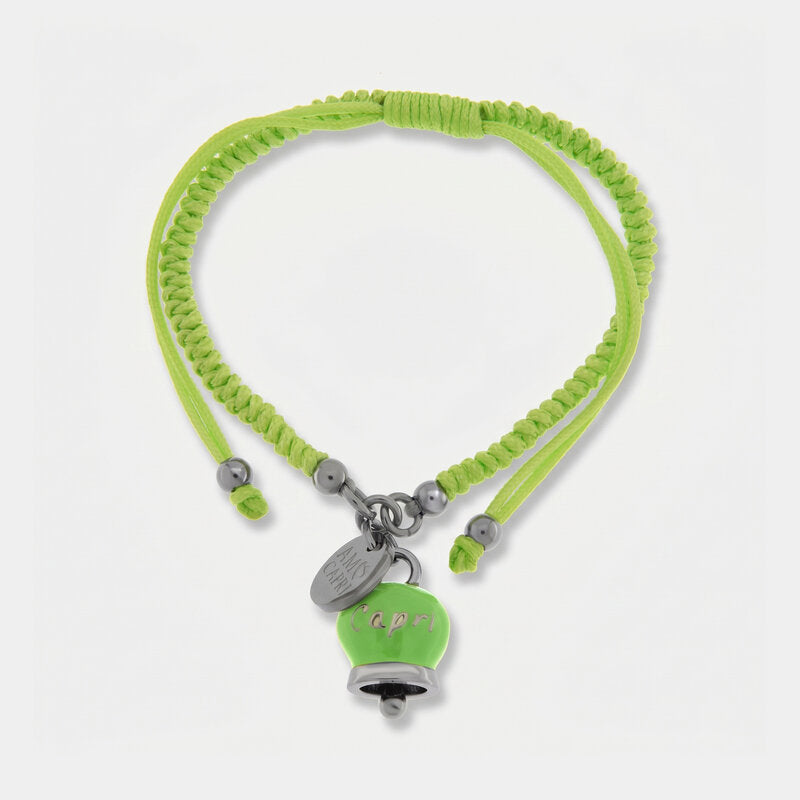 Bracciale in Acciaio Cordino verde e Campanella Portafortuna Capri - Colore Verde Menta - gioiello BySimon
