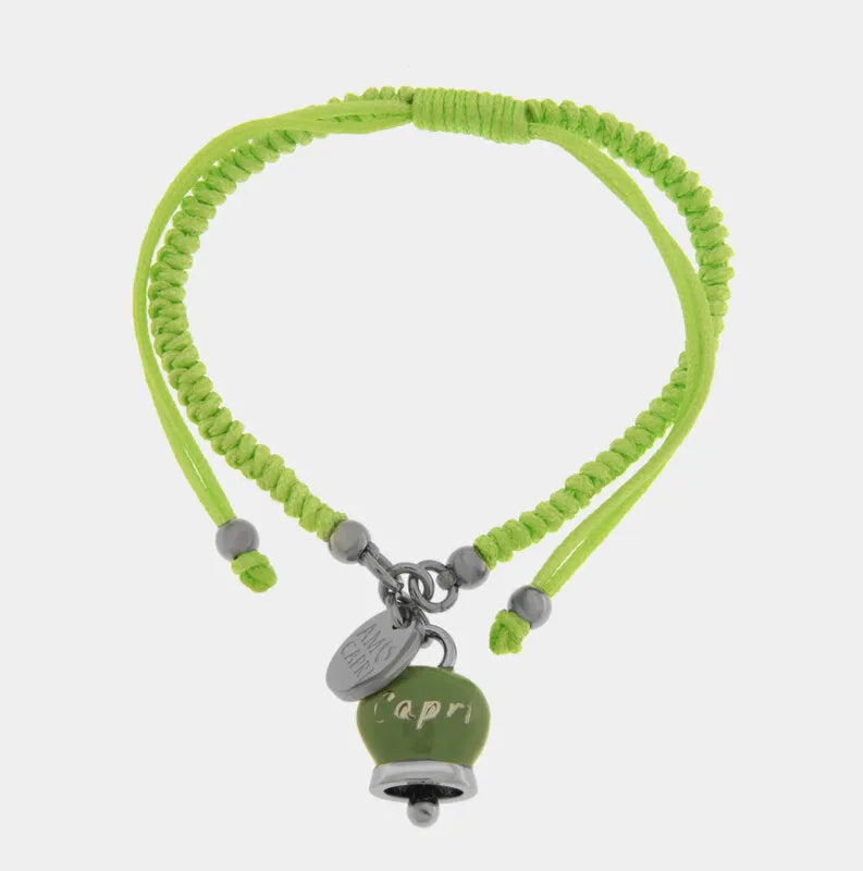 Bracciale in Acciaio Cordino verde e Campanella Portafortuna Capri - Colore Verde Menta - gioiello BySimon