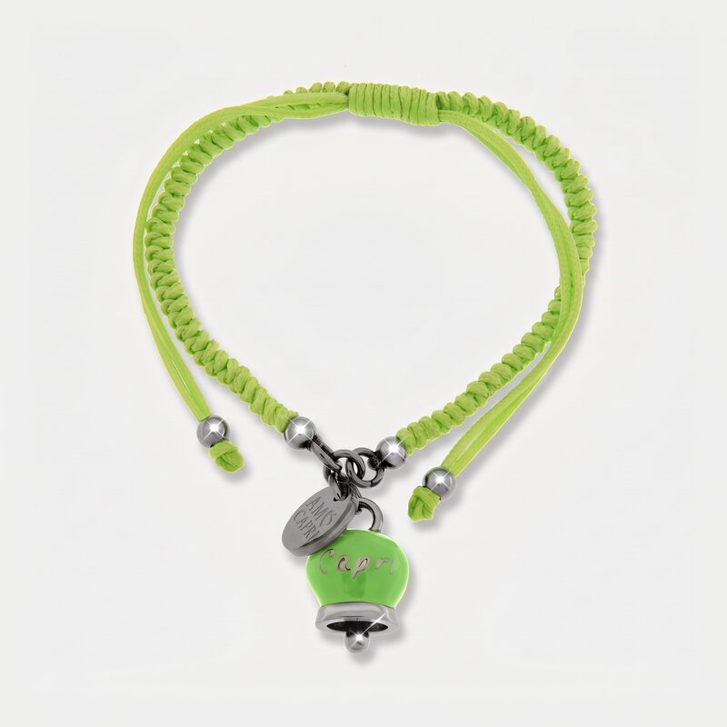 Bracciale in Acciaio Cordino verde e Campanella Portafortuna Capri - Colore Verde Menta - gioiello BySimon
