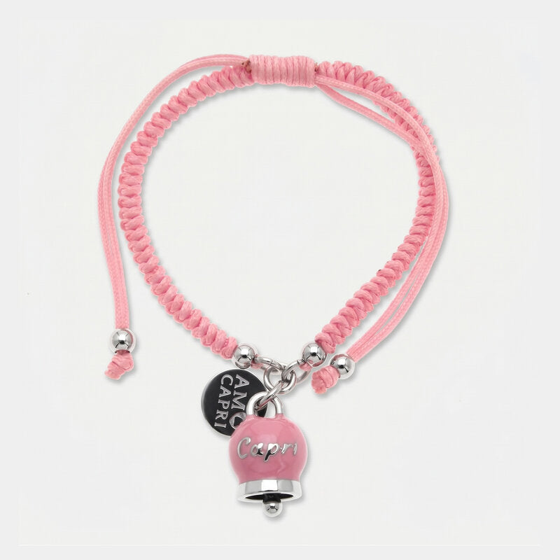 Bracciale in Acciaio Cordino Rosa e Campanella Portafortuna Dolce Capri - Colore Tickled Pink - gioiello BySimon