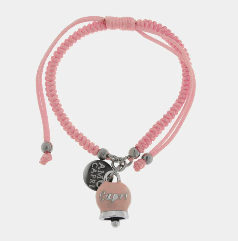 Bracciale in Acciaio Cordino Rosa e Campanella Portafortuna Dolce Capri - Colore Tickled Pink - gioiello BySimon