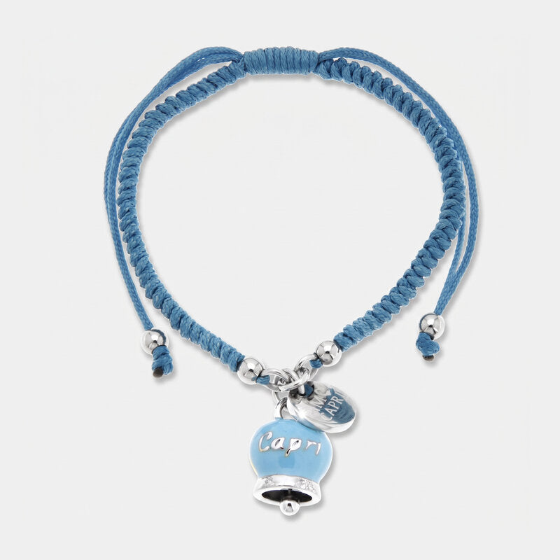 Bracciale in Acciaio con Cordino e Campanella Portafortuna Capri Anima Azzurra - Colore Dutch Canal - gioiello BySimon