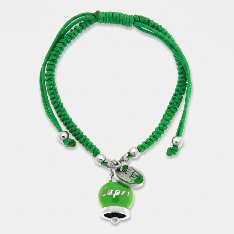 Bracciale in Acciaio Cordino Verde e Campanella Portafortuna verde Capri - gioiello BySimon