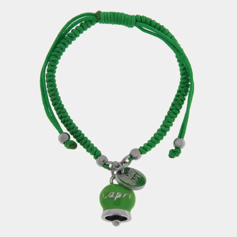 Bracciale in Acciaio Cordino Verde e Campanella Portafortuna verde Capri - gioiello BySimon