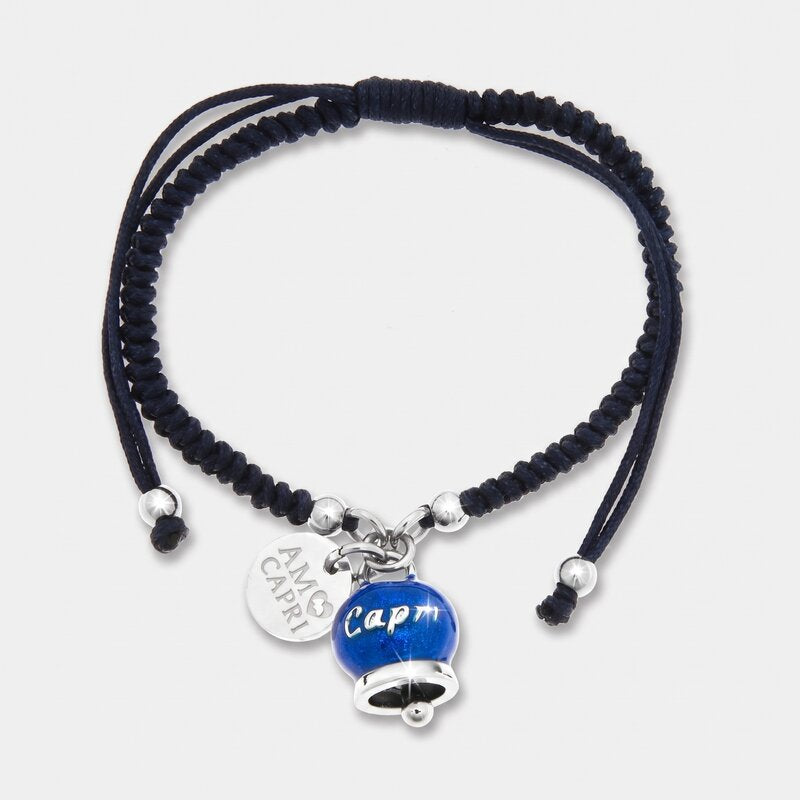 Bracciale in Acciaio Cordino Blu e Campanella Portafortuna blu Mare di Capri - gioiello BySimon