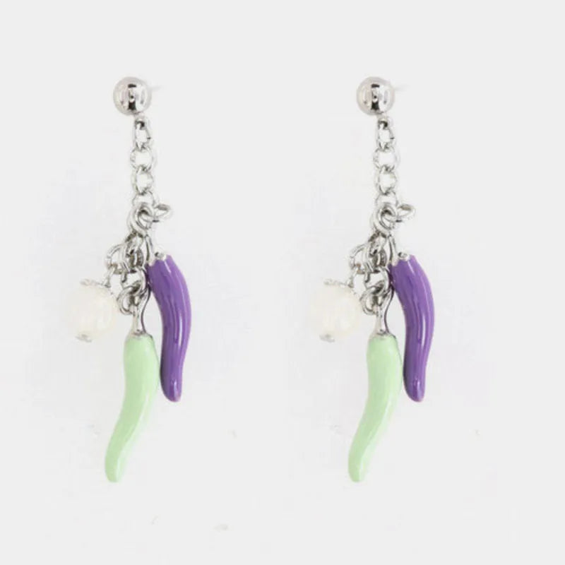 Orecchini in Metallo pendenti con corni portafortuna, impreziositi da smalti colorati