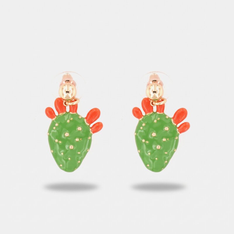 Orecchini in Metallo con cactus pendente, impreziosito da smalto verde e punte di smalto rosso - BYSIMON gioielli
