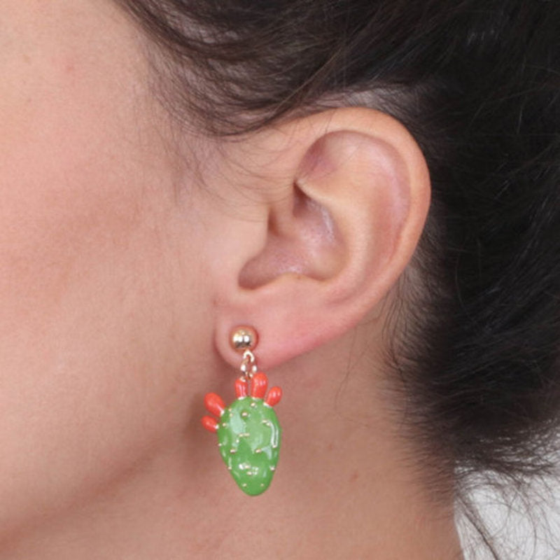 Orecchini in Metallo con cactus pendente, impreziosito da smalto verde e punte di smalto rosso - BYSIMON gioielli