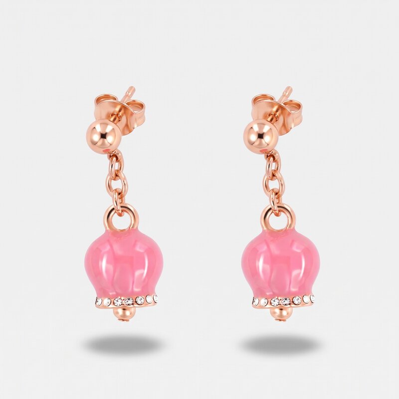 Orecchini in Metallo con campanella portafortuna pendente, impreziosita da smalto rosa e cristalli - BYSIMON gioielli
