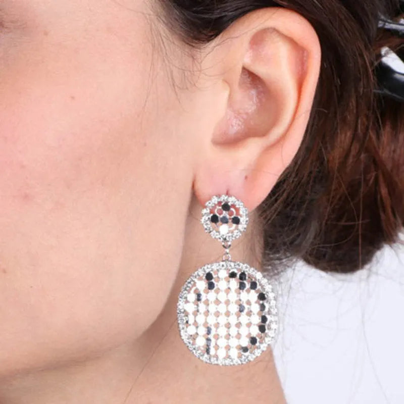 Metal earrings, oval drop with crystals