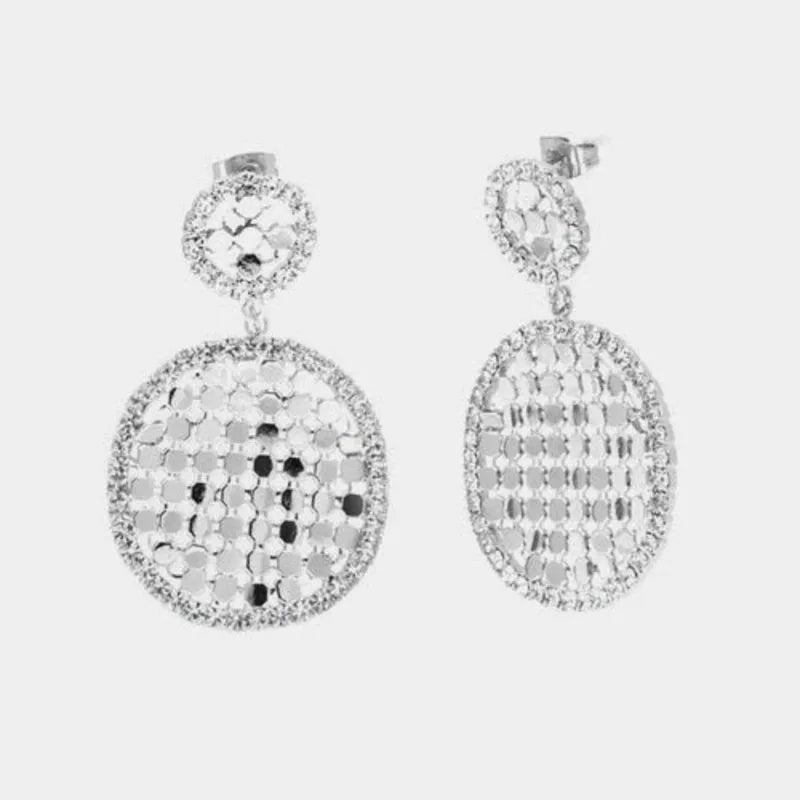 Metal earrings, oval drop with crystals