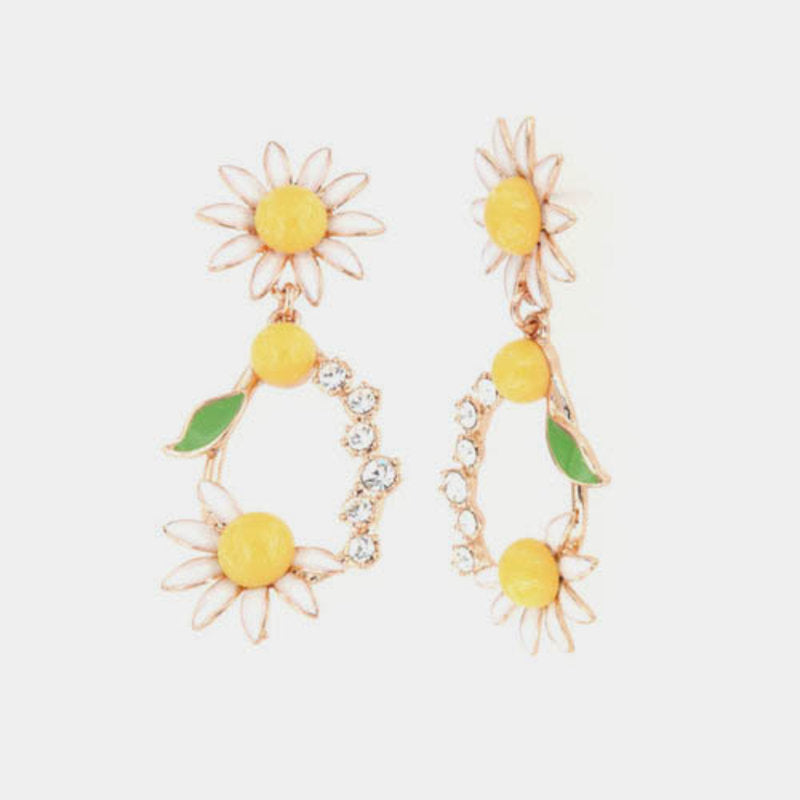 Metal Earrings with dangling daisies embellished with colored enamel and white crystals