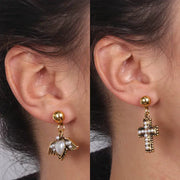 Orecchini in Metallo croce e cuore pendenti, brunite, arricchite da perline